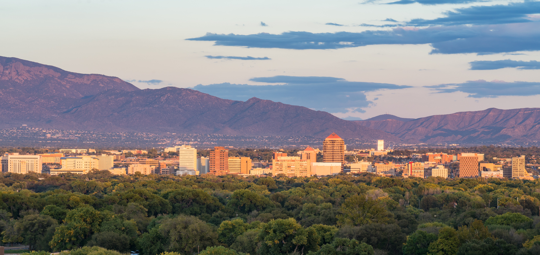 A city skyline with mid-rise buildings is set against a backdrop of mountains under a partly cloudy sky, with trees in the foreground.