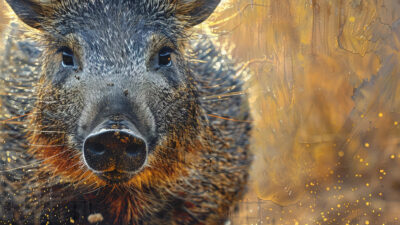Close-up of a wild boar facing the camera with detailed fur and snout, set against a warm, softly blurred background with golden tones.