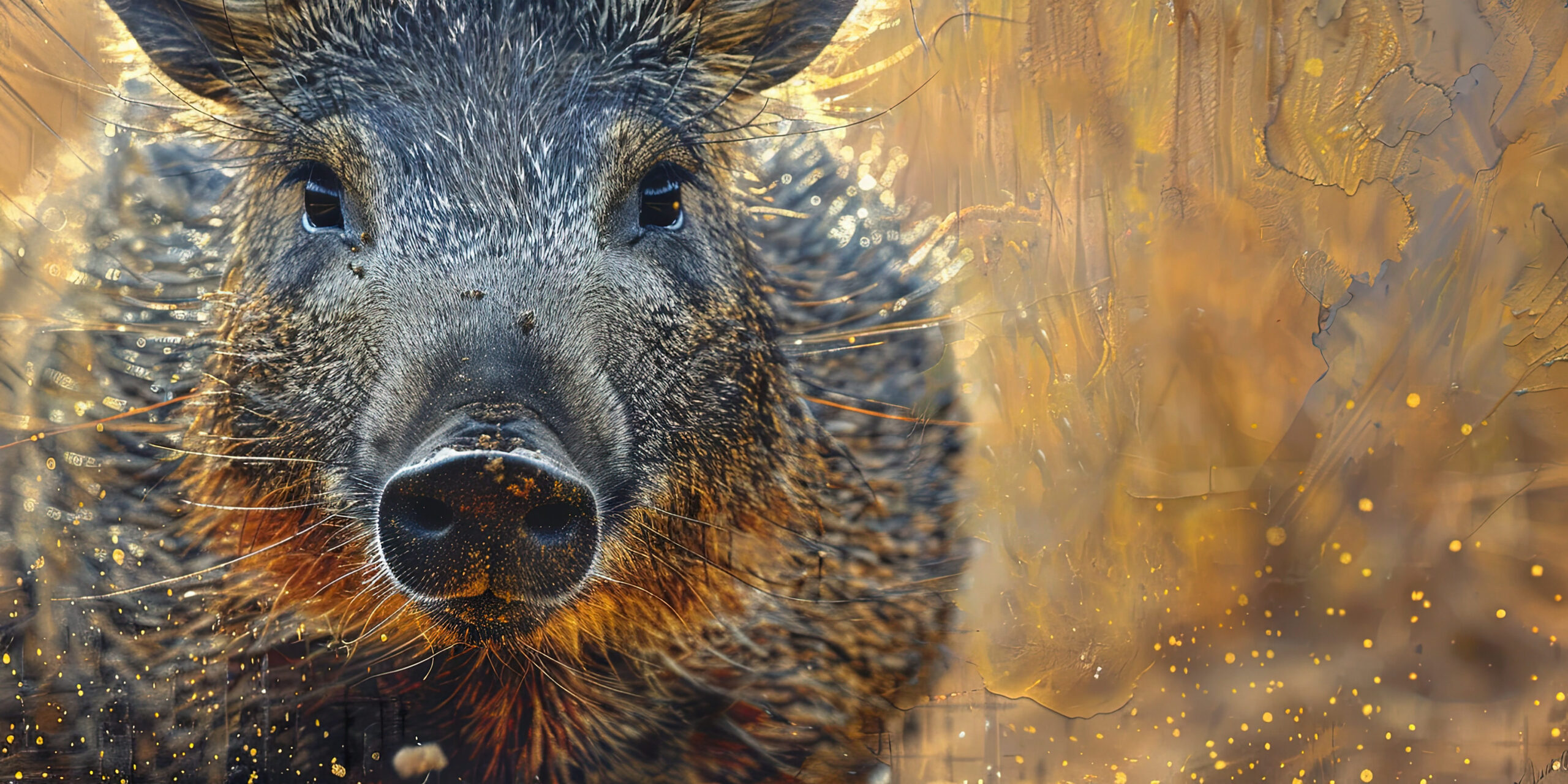 Close-up of a wild boar facing the camera with detailed fur and snout, set against a warm, softly blurred background with golden tones.