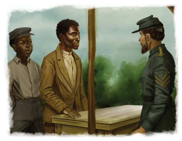 Two men stand at a wooden table outdoors, speaking to a uniformed officer; trees and sky are visible in the background.