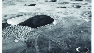 A grayscale aerial view of a barren landscape with scattered craters of various sizes, distant mountains, and cloudy sky overhead.