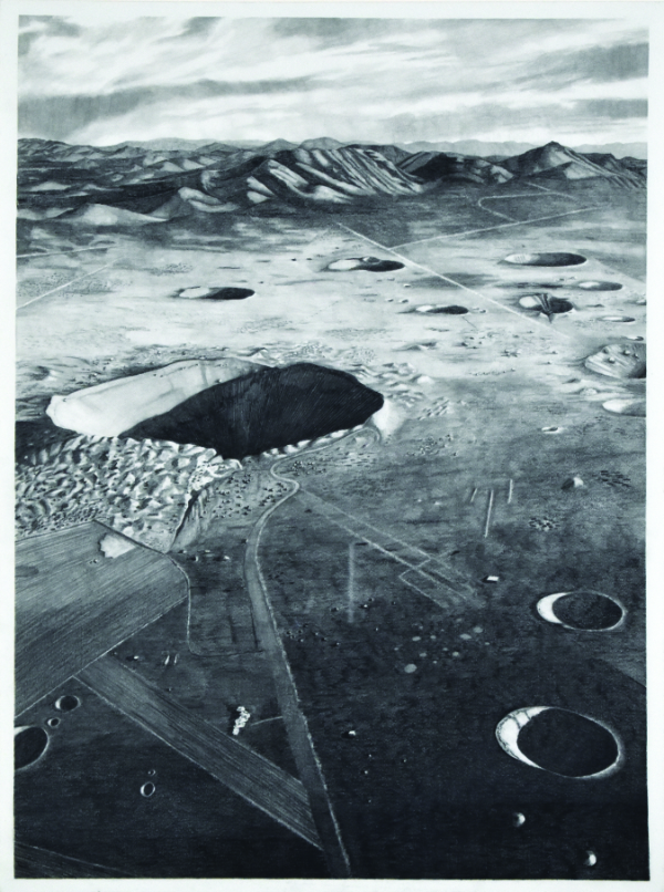 A grayscale aerial view of a barren landscape with scattered craters of various sizes, distant mountains, and cloudy sky overhead.