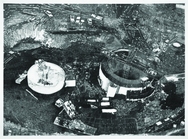 A black and white aerial view of a construction site with circular structures, scattered materials, vehicles, and uneven terrain.