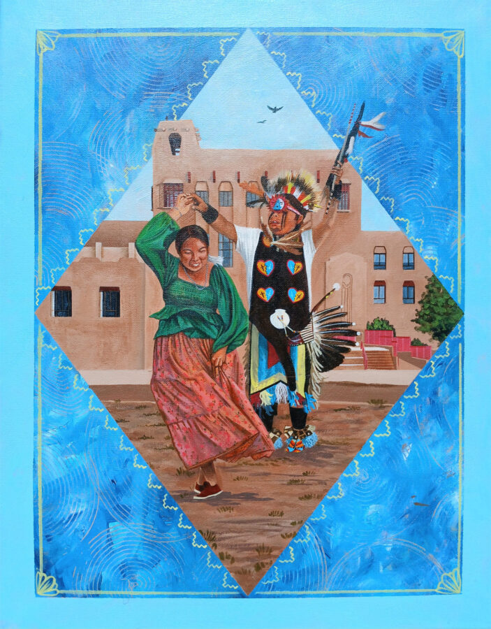 A woman and a Native American man in traditional attire dance joyfully in front of a pueblo-style building, framed by a blue diamond border.
