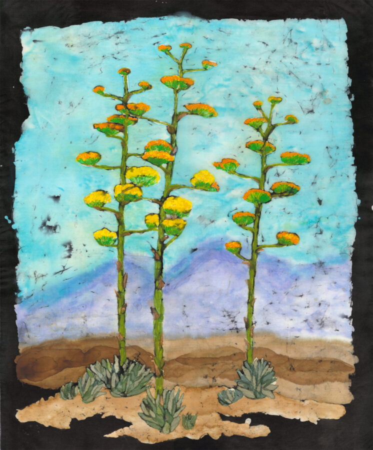 Painting of three tall flowering agave plants with yellow blooms, set against a blue sky and distant mountains, with desert foliage at the base.