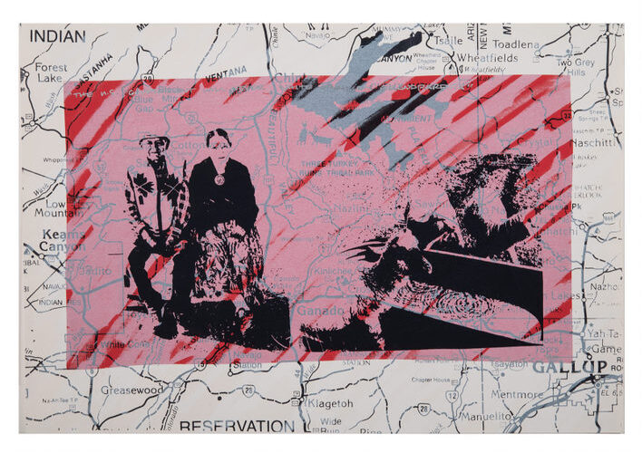 A map background with Reservation and Gallup labels features a pink rectangle overlay with black and red images of two people, a wolf, and abstract marks.
