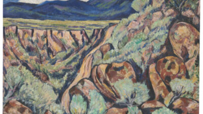 Painting of a rocky canyon landscape with boulders, shrubs, and distant mountains under a partly cloudy sky.