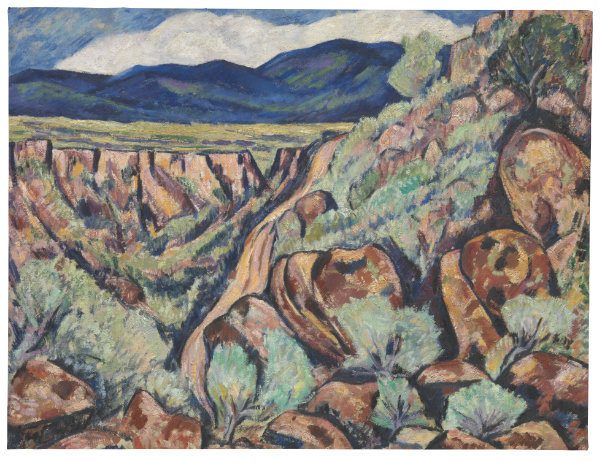 Painting of a rocky canyon landscape with boulders, shrubs, and distant mountains under a partly cloudy sky.