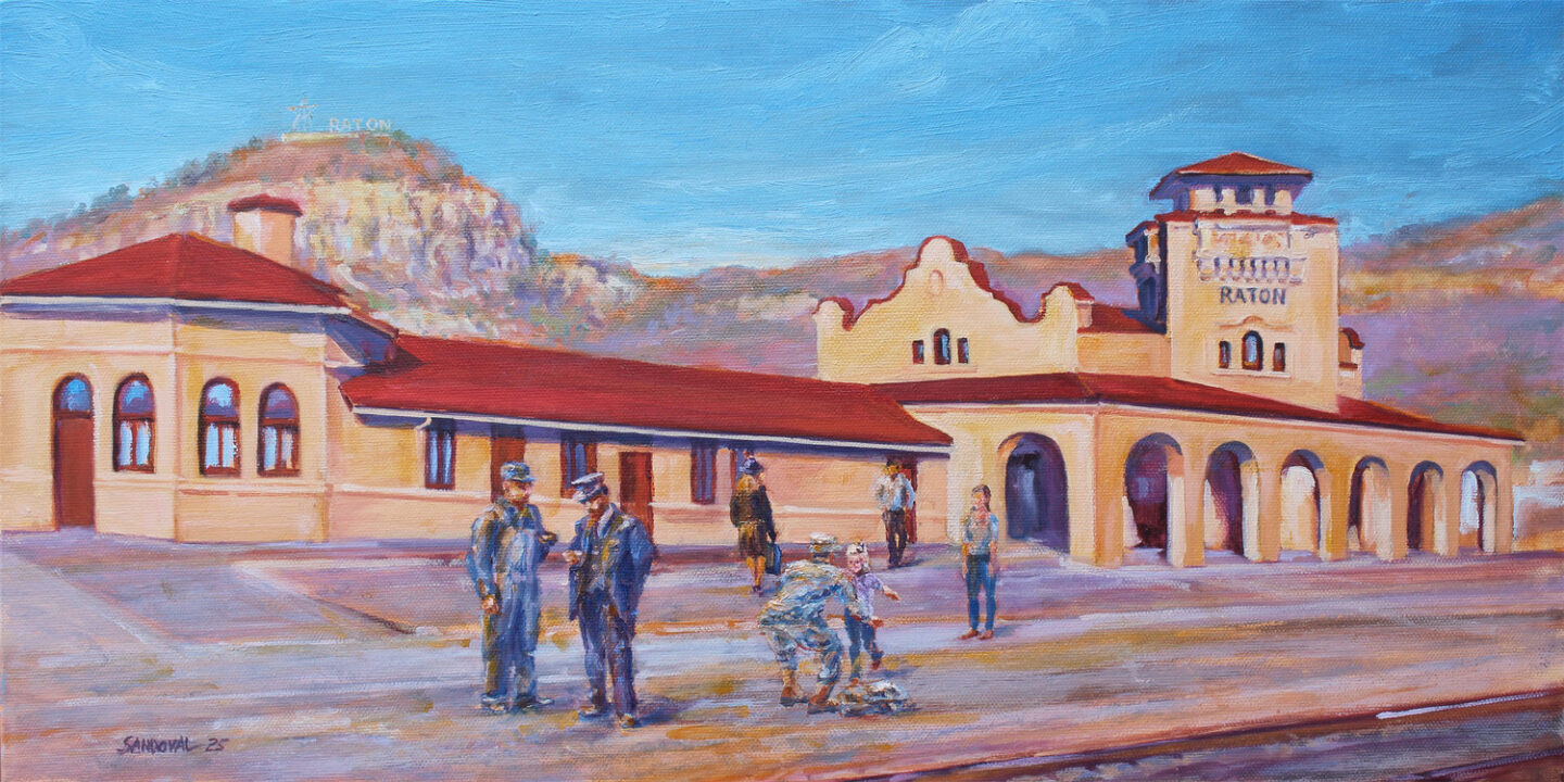 Painting of a historic train station labeled Raton with several people standing and walking in front; a hill with the word RATON is visible in the background.