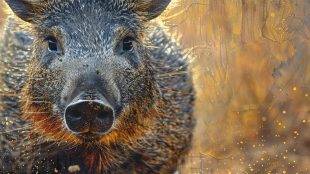 Close-up of a wild boar’s face with coarse dark fur, prominent snout, and small eyes, set against a blurred, golden-brown natural background with light and texture effects.