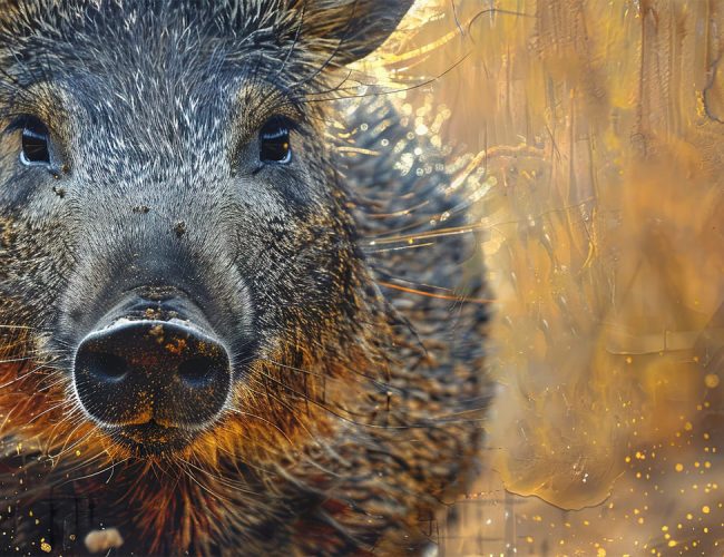 Close-up of a wild boar’s face with coarse dark fur, prominent snout, and small eyes, set against a blurred, golden-brown natural background with light and texture effects.
