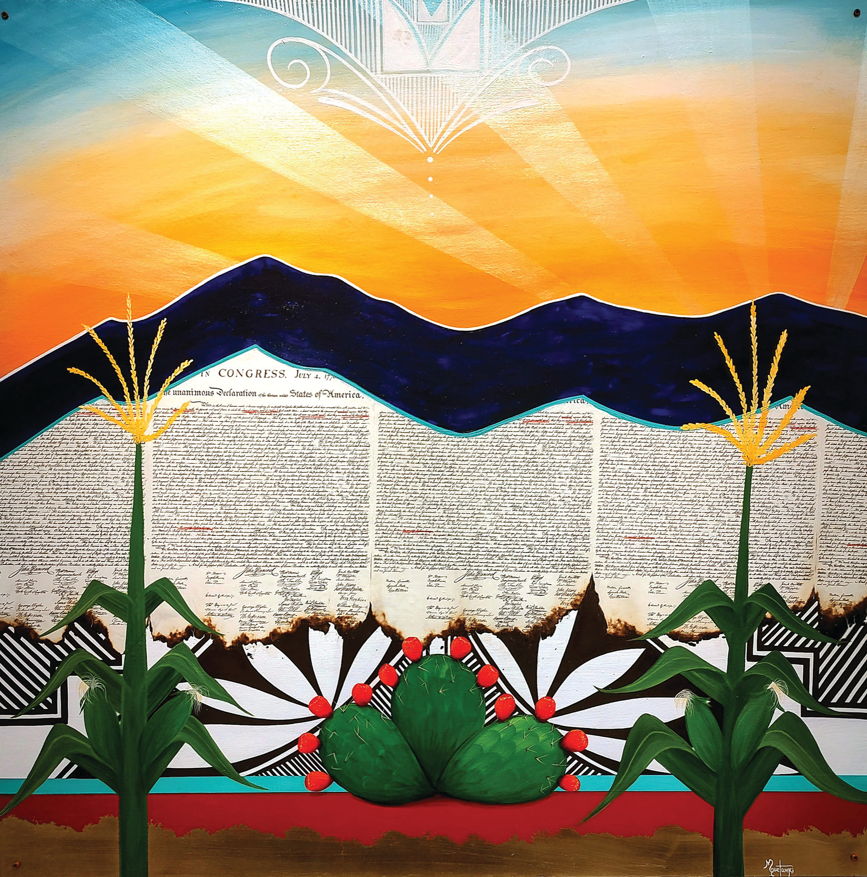 A vibrant painting shows two corn stalks and a cactus with red fruit in the foreground, a mountain range in the middle, and the U.S. Declaration of Independence text and a radiant sunrise in the background.