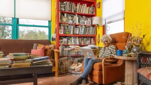 An older person with gray hair sits in an orange armchair using a laptop in a colorful living room with yellow walls, a bookshelf full of books, a couch, a coffee table with stacks of books, and a dog lying in a crate.