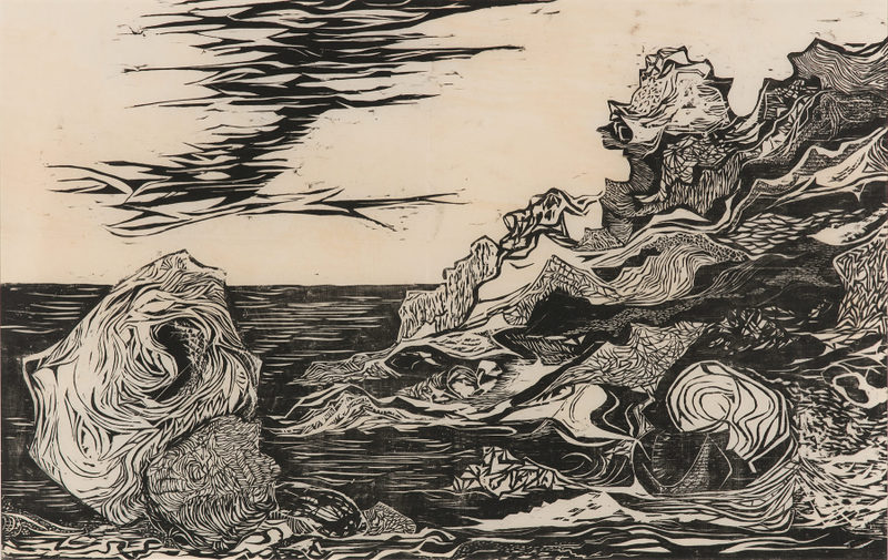 Black and white abstract drawing of a rocky coastline with swirling, textured patterns in the rocks and sky, and the ocean visible in the background. The overall style is expressive and dynamic.
