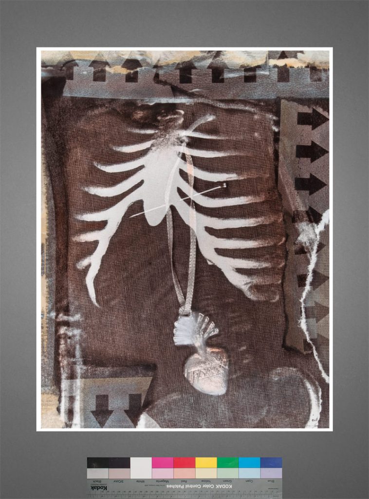 A stylized image of a ribcage and heart, created with brown and white tones on textured fabric, features geometric arrow patterns along the edges and a color calibration strip at the bottom.