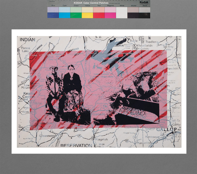 A map labeled Indian Reservation with red diagonal lines and a pink-tinted overlay. On the overlay, there are black-and-white images of two people and a bison. A color calibration bar is above the map.