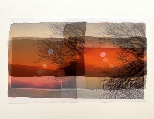A layered, abstract image features a vivid orange sunset or sunrise with silhouetted tree branches, reflected on a calm body of water, and overlapped with translucent shapes and soft circular lights.