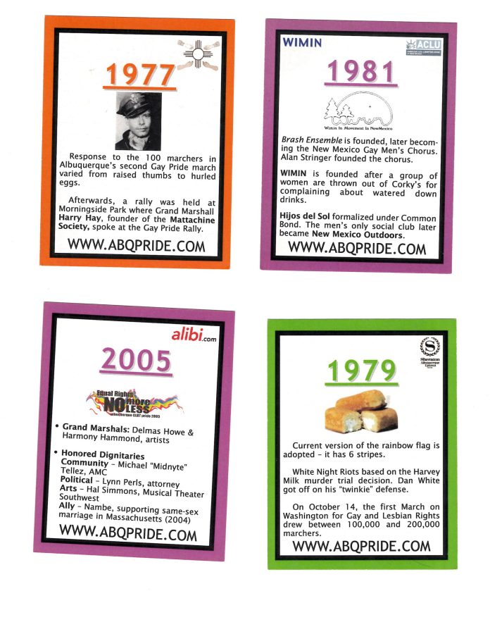 Four colored cards display years (1977, 1979, 1981, 2005) with brief descriptions of notable events in Albuquerque LGBTQ+ pride history, including images and website links.