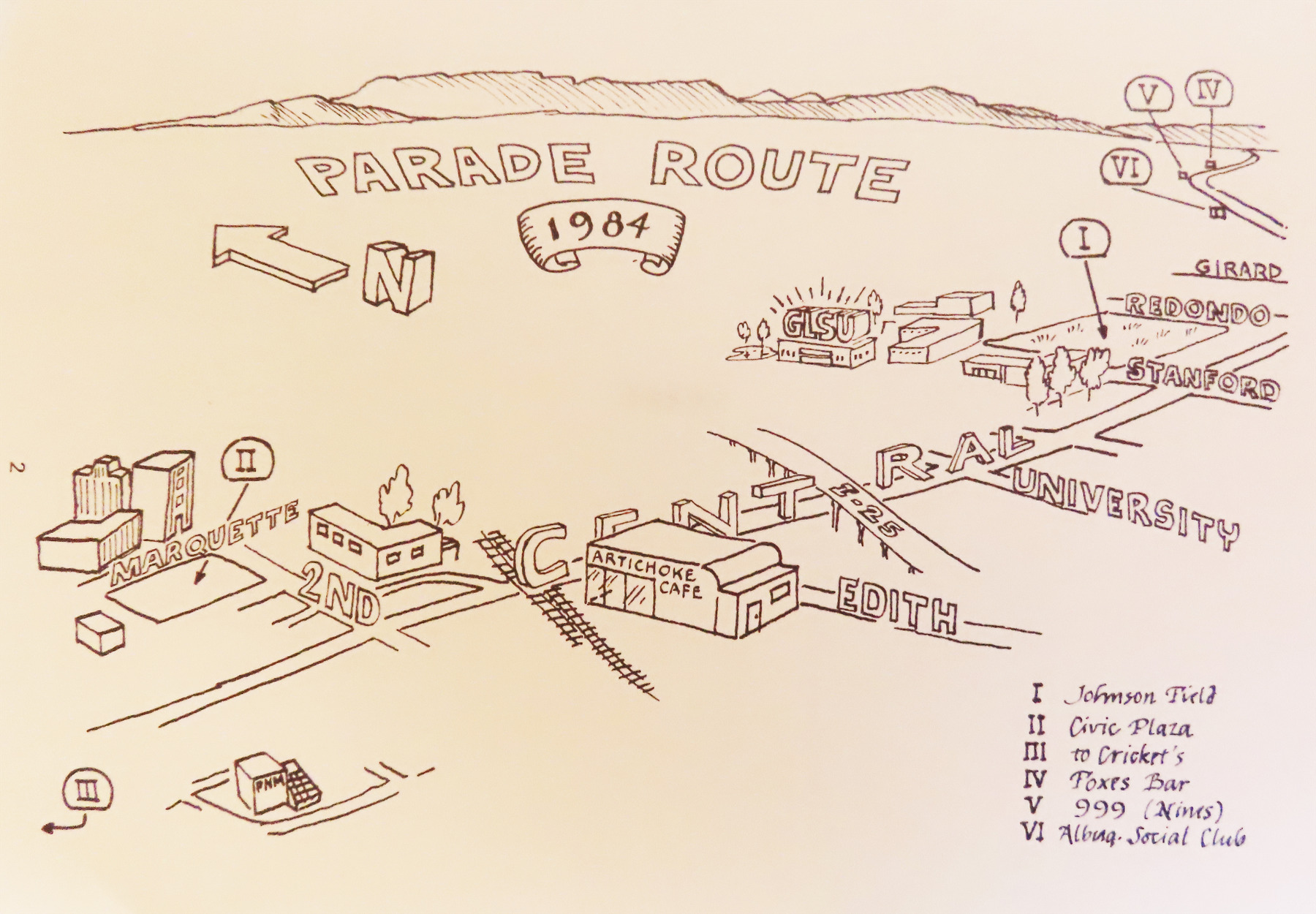 Hand-drawn map labeled “Parade Route 1984” showing streets, landmarks, and six numbered locations with a legend listing Johnson Field, Civic Plaza, and other sites.