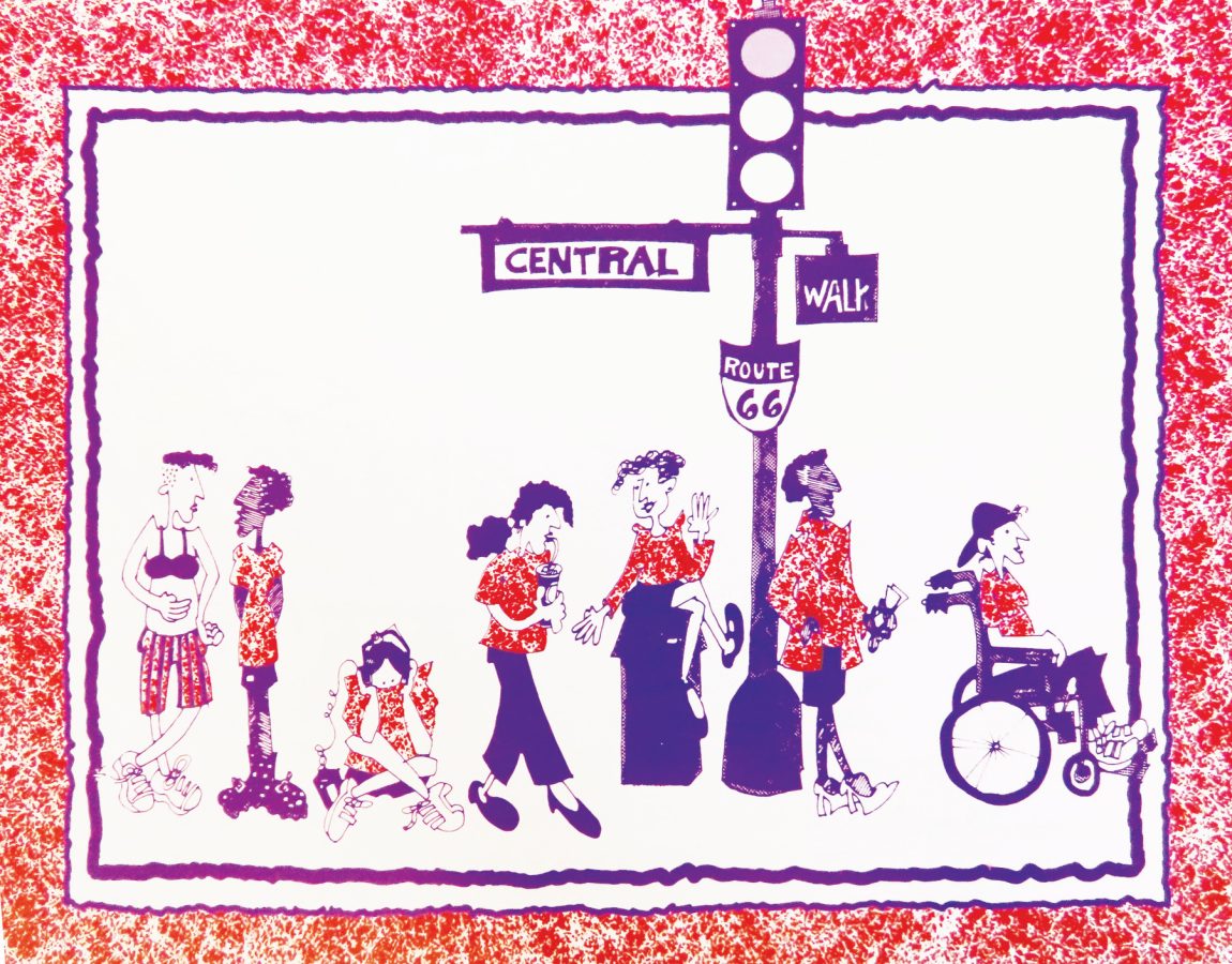 Cartoon illustration of six people, including one in a wheelchair, waiting at a street corner under “Central” and “Route 66” signs, with a red and white textured border.