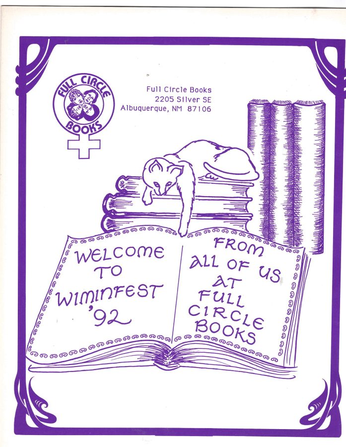 Purple line drawing of a cat sleeping on stacked books next to scrolls; open book reads “Welcome to Wiminfest ’92 from all of us at Full Circle Books.” Store address is at the top.