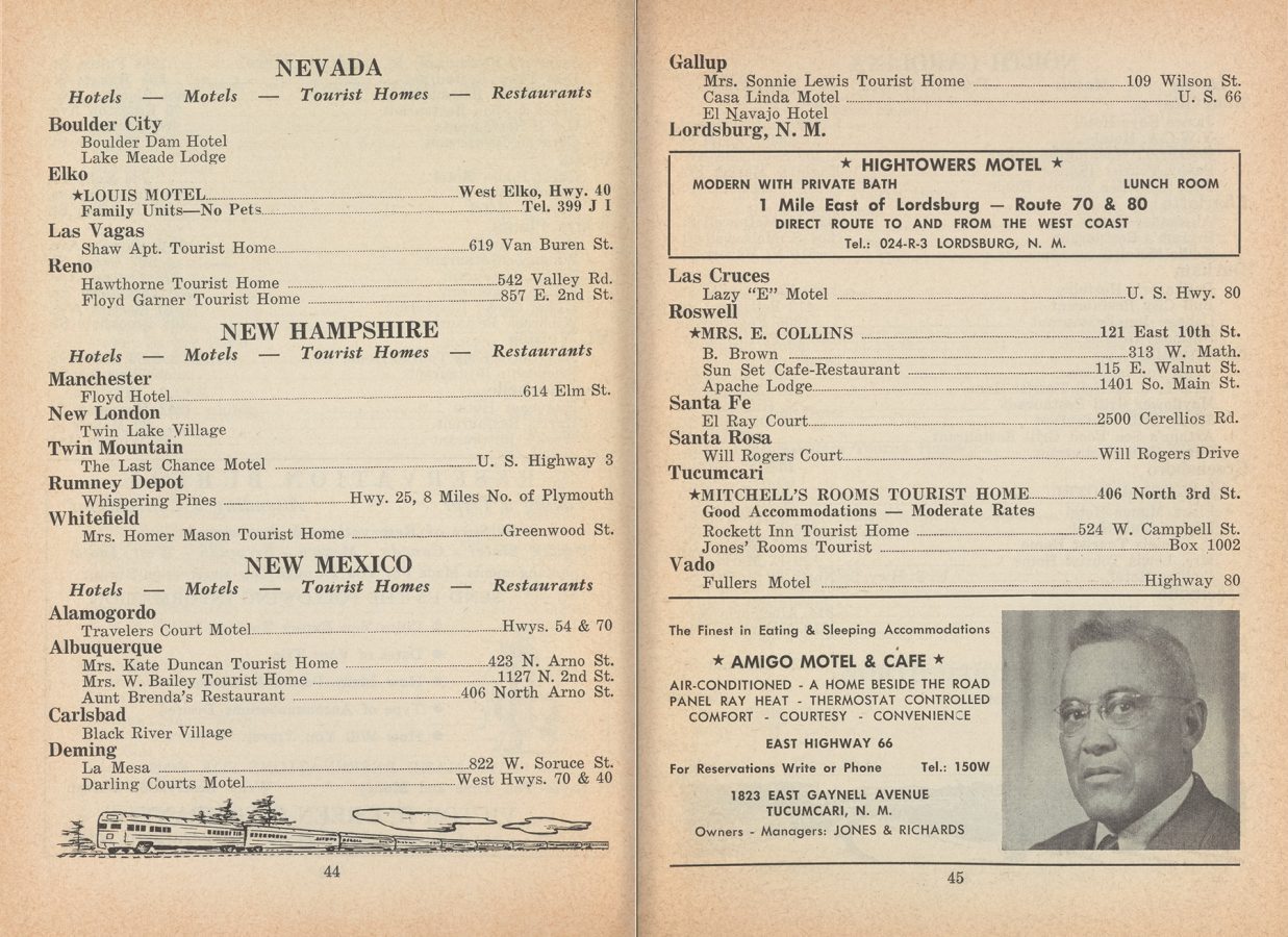 Directory pages listing hotels, tourist homes, and restaurants in Nevada, New Hampshire, and New Mexico, with addresses, phone numbers, and a black-and-white portrait of a man in the bottom right corner.