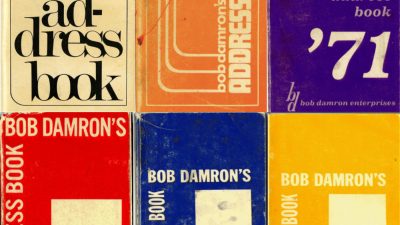 Six vintage covers of Bob Damron’s address books from 1969, 1970, 1971, 1973, 1975, and 1976 shown in a grid arrangement.