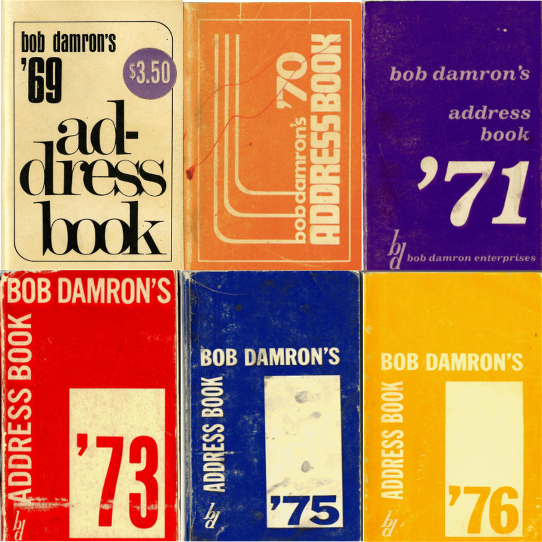 Six vintage covers of Bob Damron’s address books from 1969, 1970, 1971, 1973, 1975, and 1976 shown in a grid arrangement.