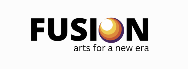 Logo with the word FUSION; the letter O is a stylized circle with a gradient. Below, text reads arts for a new era.
