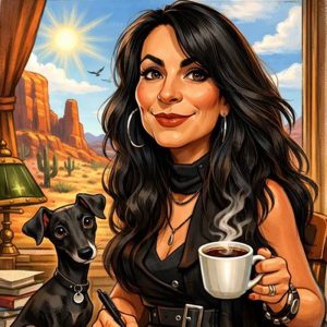 A woman with long dark hair holds a cup of coffee and a pen, sitting beside a black dog in a desert-themed room with large windows showing cacti and red rock formations under a sunny sky.