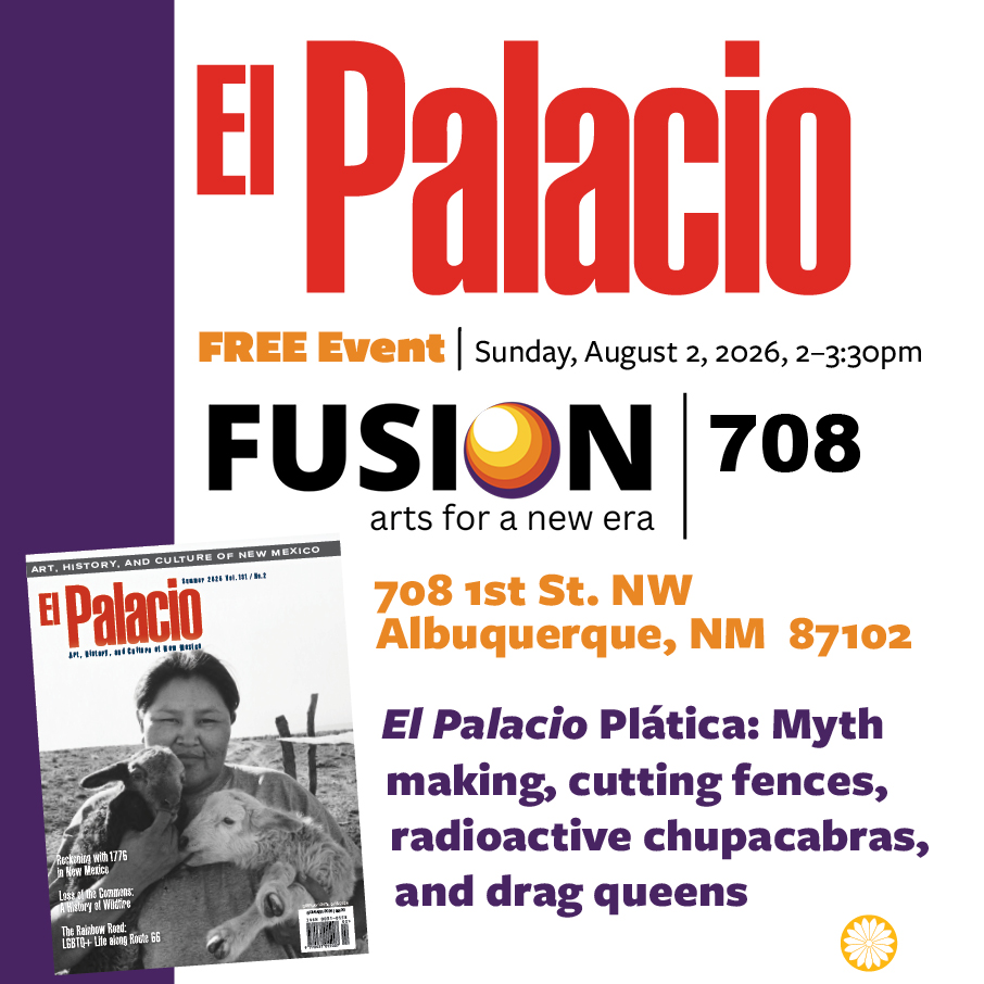 Event flyer for El Palacio Plática at FUSION 708 in Albuquerque, NM, with event details and a magazine cover featuring a person holding a goat.